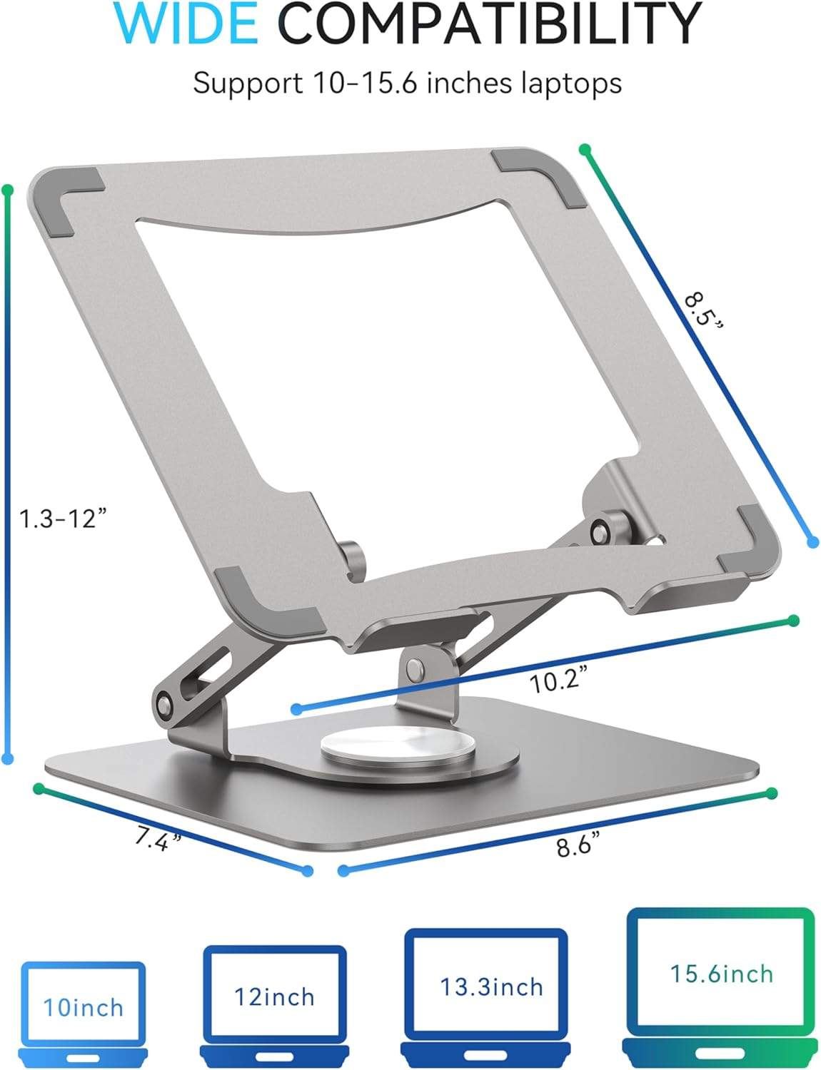 SOUNDANCE Laptop Stand with 360° Rotating Base, Ergonomic Computer Riser for Desk, Adjutable Height Muti-Angle, Foldable Laptop Mount, Stable Metal Holder Support 10-15.6″ Notebook PC, Silver Grey