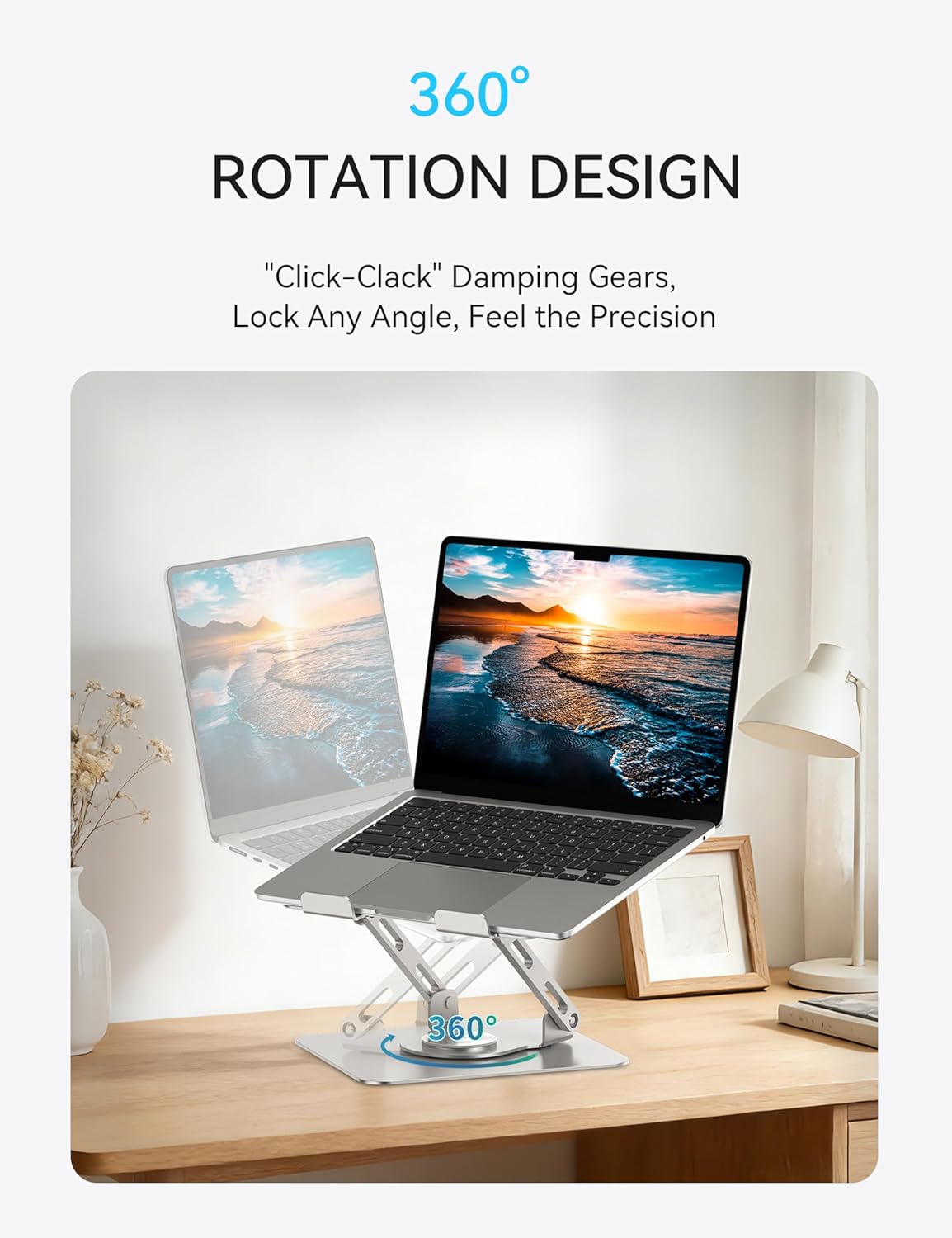 SOUNDANCE Laptop Stand with 360° Rotating Base, Ergonomic Computer Riser for Desk, Adjutable Height Muti-Angle, Foldable Laptop Mount, Stable Metal Holder Support 10-15.6″ Notebook PC, Silver Grey