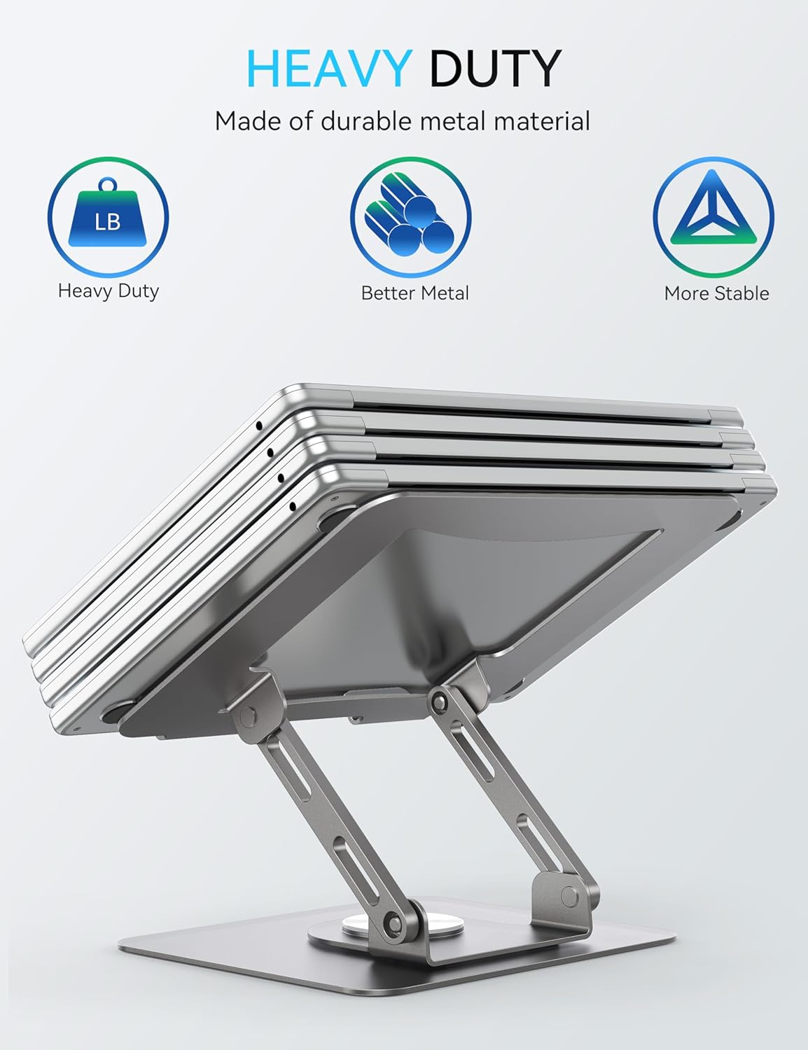 SOUNDANCE Laptop Stand with 360° Rotating Base, Ergonomic Computer Riser for Desk, Adjutable Height Muti-Angle, Foldable Laptop Mount, Stable Metal Holder Support 10-15.6″ Notebook PC, Silver Grey