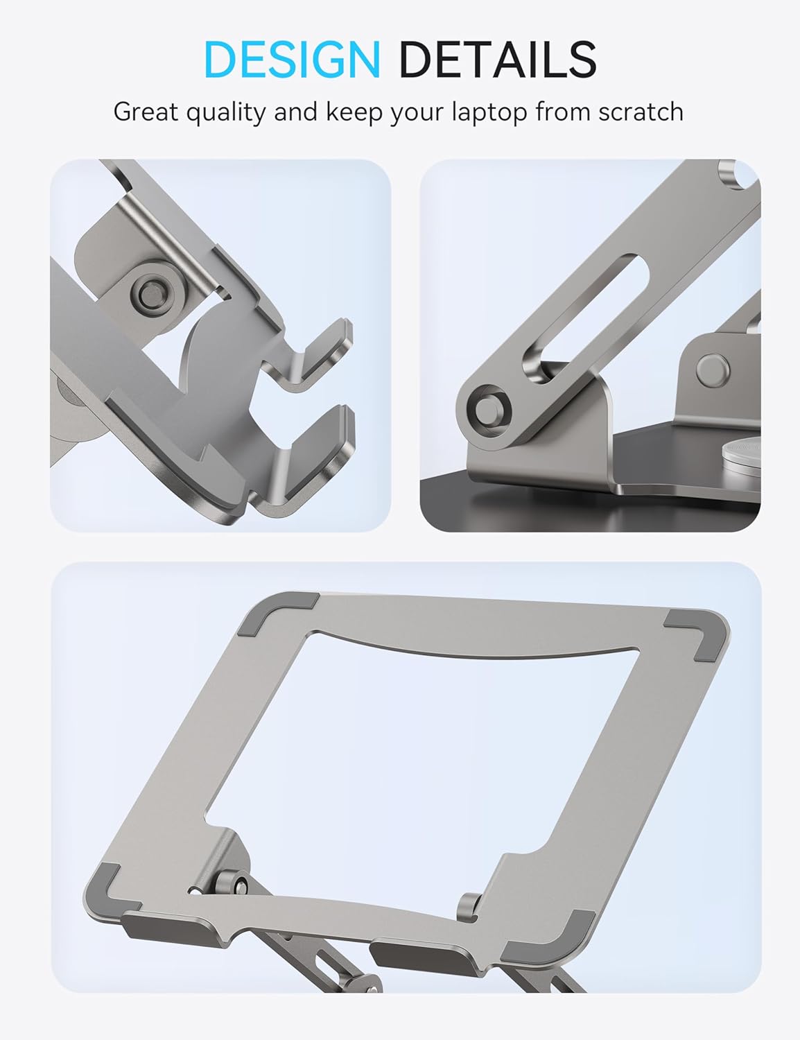 SOUNDANCE Laptop Stand with 360° Rotating Base, Ergonomic Computer Riser for Desk, Adjutable Height Muti-Angle, Foldable Laptop Mount, Stable Metal Holder Support 10-15.6″ Notebook PC, Silver Grey