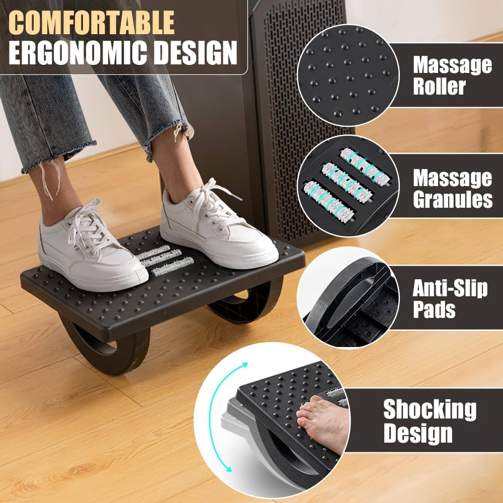 Foot Rest for Under Desk at Work – Ergonomic Foot Stools for Under Office Desk – Rocking Footrest with Roller Massager – Leg Rest for Chair, Computer Gaming – Promote Leg Circulation