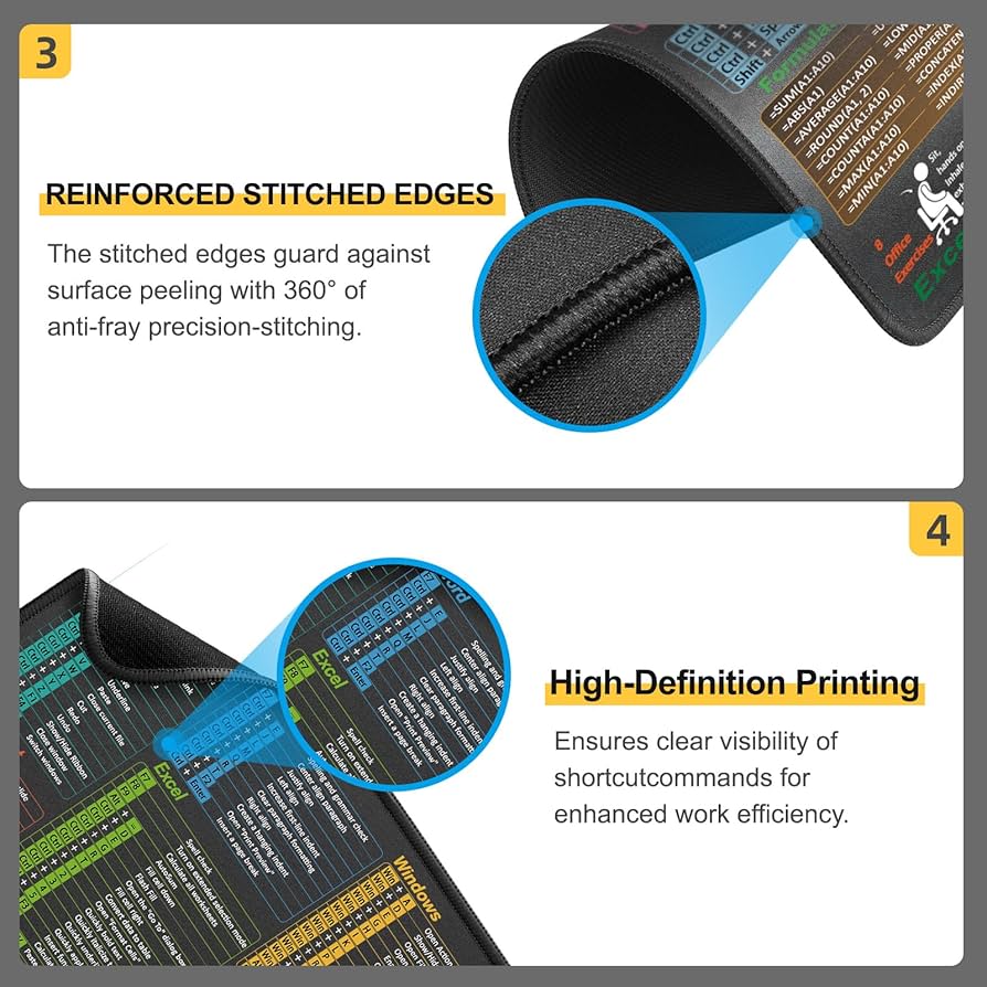 Mouse Pad for Excel/Word/PowerPoint/Windows Shortcuts – Small Excel Cheat Sheet Desk Pad – 11.8″x9.8″ Portable Computer Mousepad – Gaming, Office, Waterproof, Non-Slip, Stitched Edges