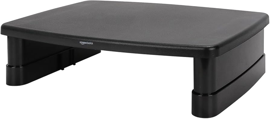 Amazon Basics Height Adjustable Rectangular Computer Monitor Riser Desk Stand with Storage for Reduced Neck Strain – Fits Monitors, Laptops Up to 22lbs, Black