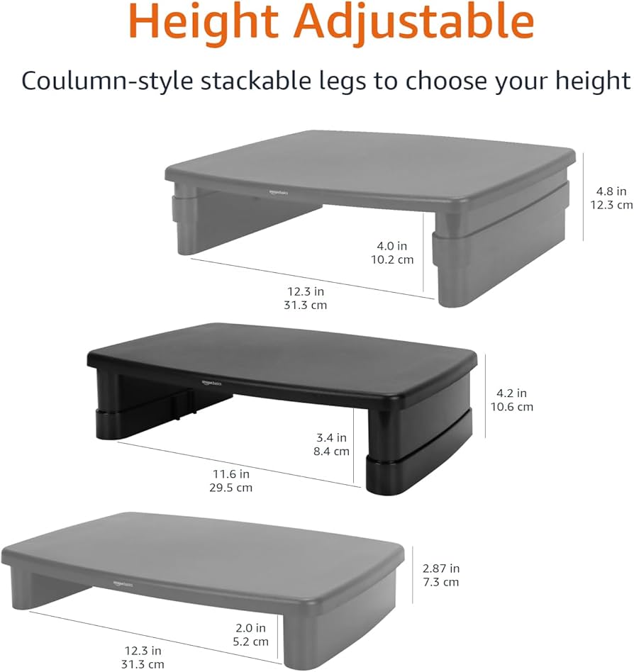 Amazon Basics Height Adjustable Rectangular Computer Monitor Riser Desk Stand with Storage for Reduced Neck Strain – Fits Monitors, Laptops Up to 22lbs, Black