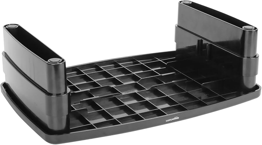 Amazon Basics Height Adjustable Rectangular Computer Monitor Riser Desk Stand with Storage for Reduced Neck Strain – Fits Monitors, Laptops Up to 22lbs, Black