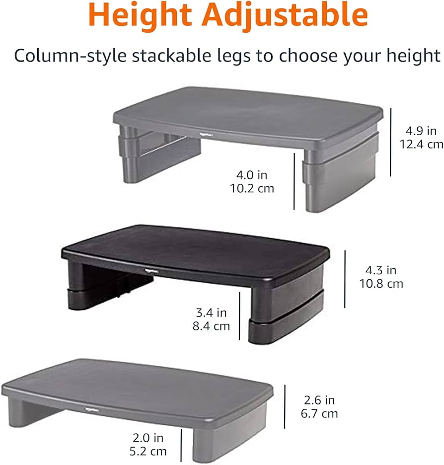 Amazon Basics Height Adjustable Rectangular Computer Monitor Riser Desk Stand with Storage for Reduced Neck Strain – Fits Monitors, Laptops Up to 22lbs, Black