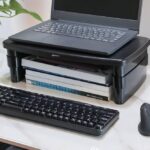 Amazon Basics Height Adjustable Rectangular Computer Monitor Riser Desk Stand with Storage for Reduced Neck Strain – Fits Monitors, Laptops Up to 22lbs, Black