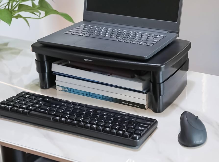 Amazon Basics Height Adjustable Rectangular Computer Monitor Riser Desk Stand with Storage for Reduced Neck Strain – Fits Monitors, Laptops Up to 22lbs, Black