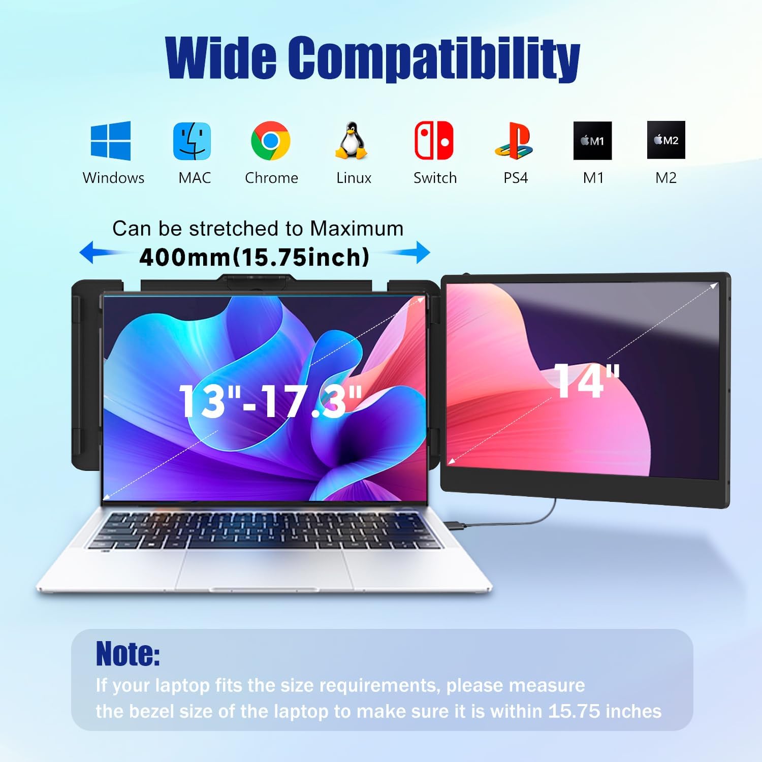 KEFEYA Laptop Screen Extender, 14″ FHD 1080P IPS Laptop Monitor Extender Dual Screen, Portable Monitor for Laptops 13-17″ with USB-C/HDMI Port, Plug n Play for Windows/Mac/Android/Switch/PS5