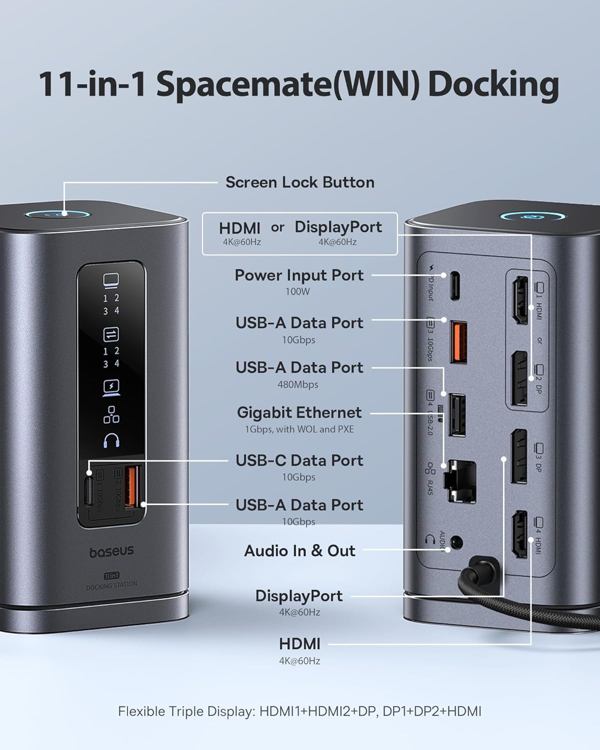 Baseus Docking Station, Spacemate(Win) 11 in 1, Triple Display, 4K HDMI and DP, 10Gbps USB A/C Ports, Gigabit Ethernet, 100W PD, Audio, Laptop Docking Station for Windows/Dell/HP/Lenovo/Asus/Acer/Mac