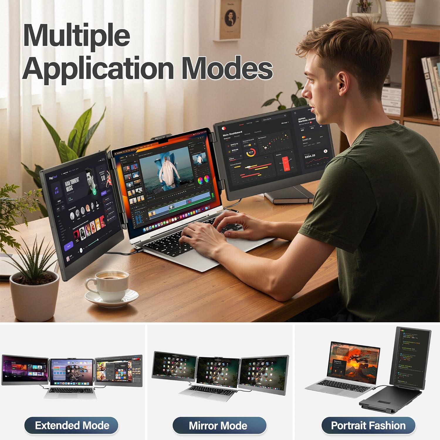 Laptop Screen Extender, 14” FHD 1080P IPS Ultra-Thin Dual/Triple Monitor Display, HDMI/USB-C Plug-Play Portable Monitor for Laptop, Built-in Speakers(Mac, Win, Android)