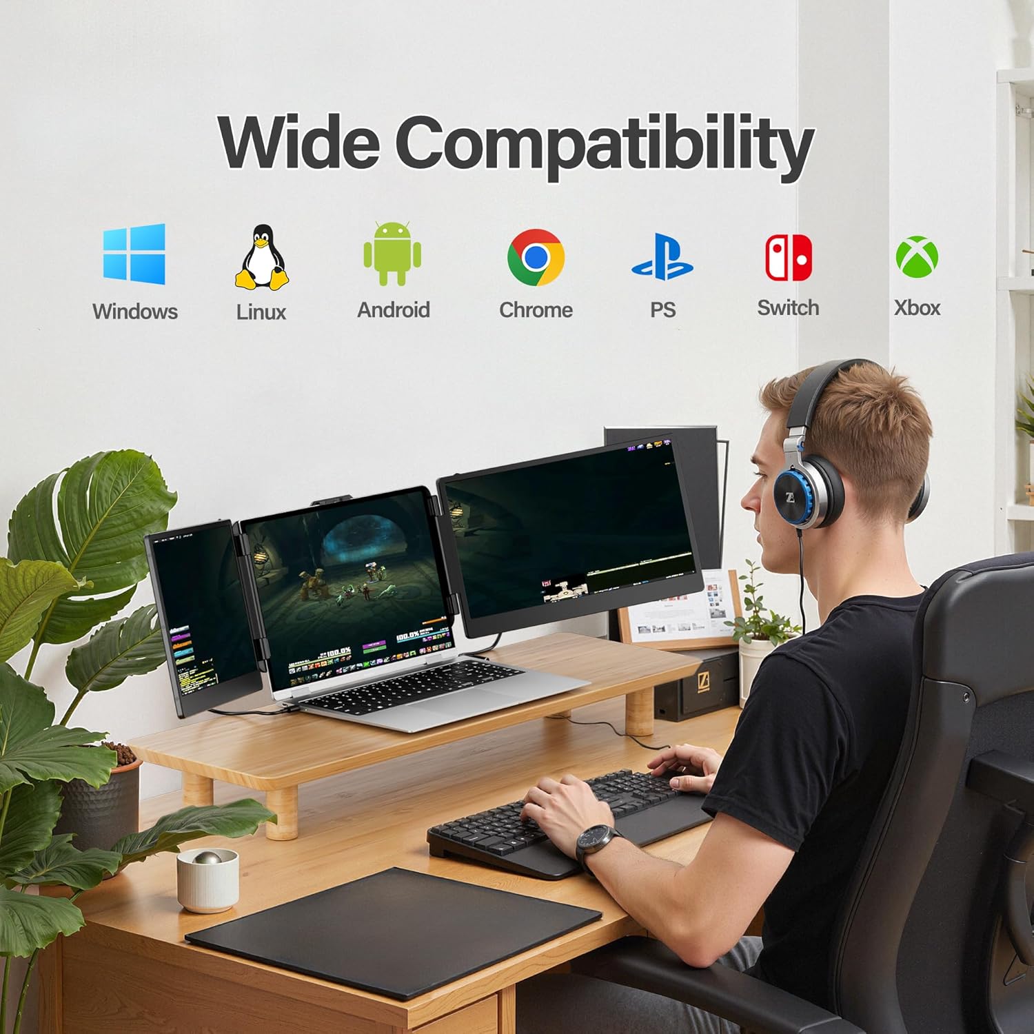 Laptop Screen Extender, 14” FHD 1080P IPS Ultra-Thin Dual/Triple Monitor Display, HDMI/USB-C Plug-Play Portable Monitor for Laptop, Built-in Speakers(Mac, Win, Android)