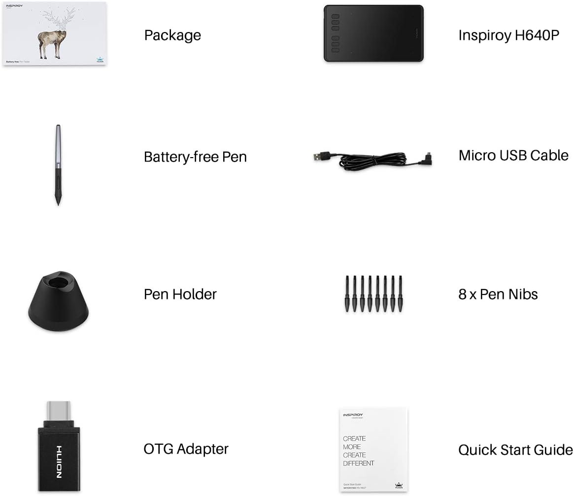 HUION Inspiroy H640P Drawing Tablet, 6×4 inch Digital Art with Battery-Free Stylus, 8192 Pen Pressure, 6 Hot Keys, Graphics Tablet for Drawing, Writing, Design, Teaching, Work with Mac, PC & Mobile
