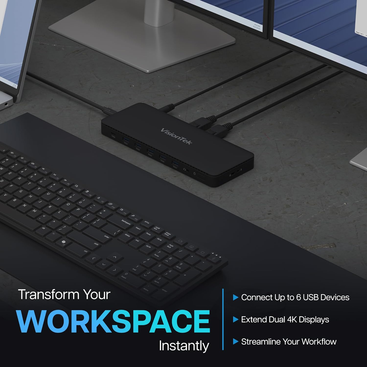 VisionTek VT4600DL Universal Dual 4K Docking Station 100W Charging (USB-A, USB-C)