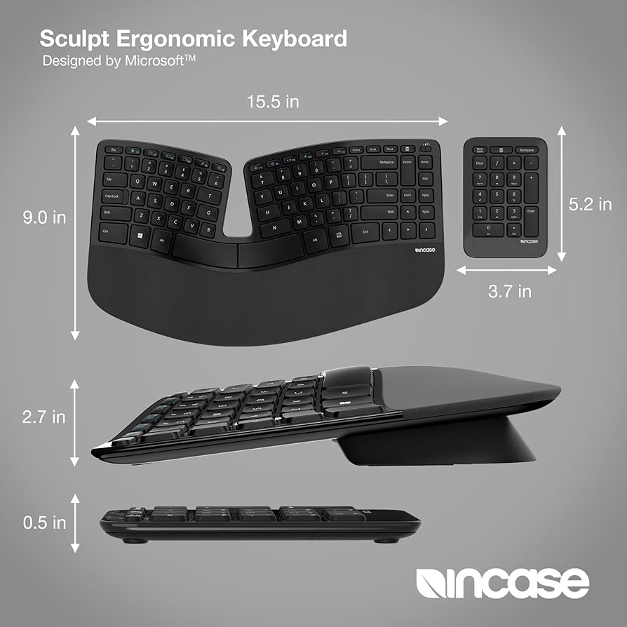 Incase Sculpt Ergonomic Keyboard – Designed by Microsoft – Split Keyset Design, Palm Rest, Contoured Layout, One-Touch Windows Button, AES 128-Bit Encryption, Includes Separate Number Pad – Black