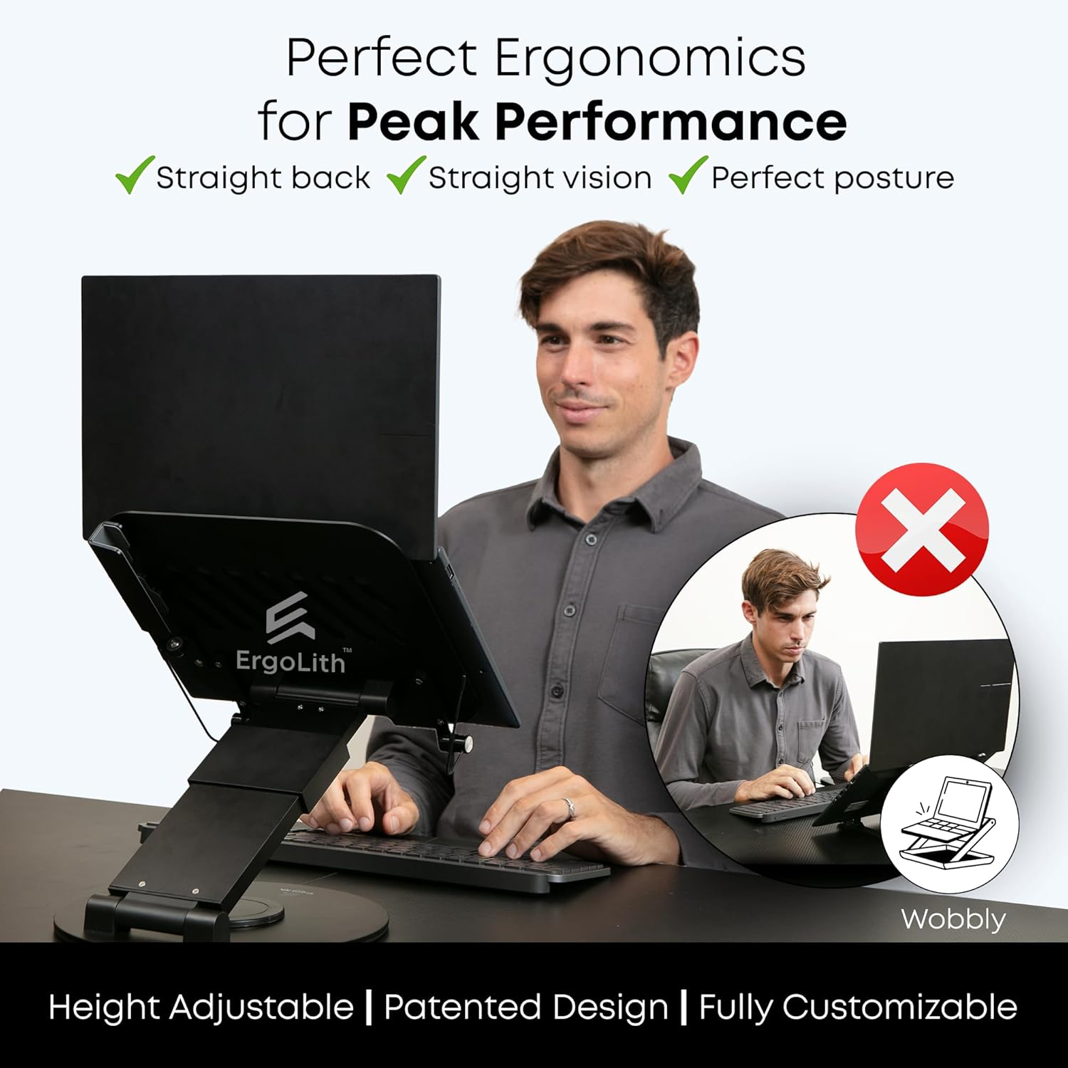 3-in-1 Adjustable Laptop Stand, Book Stand, & Phone Holder – Luxury 360° Rotating Display for All Laptops – 2–21″ Height for Ergonomics – Office Desk Accessories – Patented – Sky Black