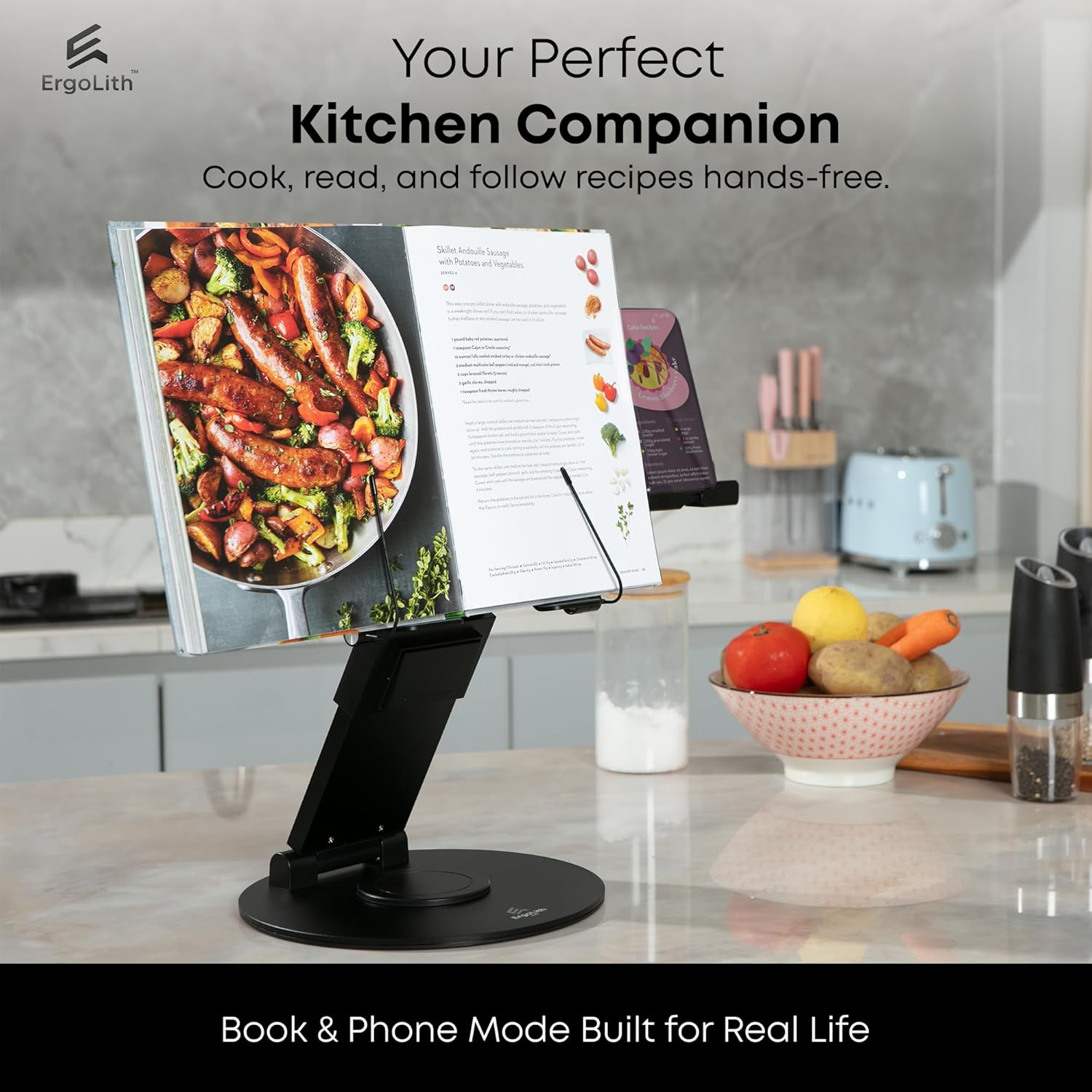 3-in-1 Adjustable Laptop Stand, Book Stand, & Phone Holder – Luxury 360° Rotating Display for All Laptops – 2–21″ Height for Ergonomics – Office Desk Accessories – Patented – Sky Black