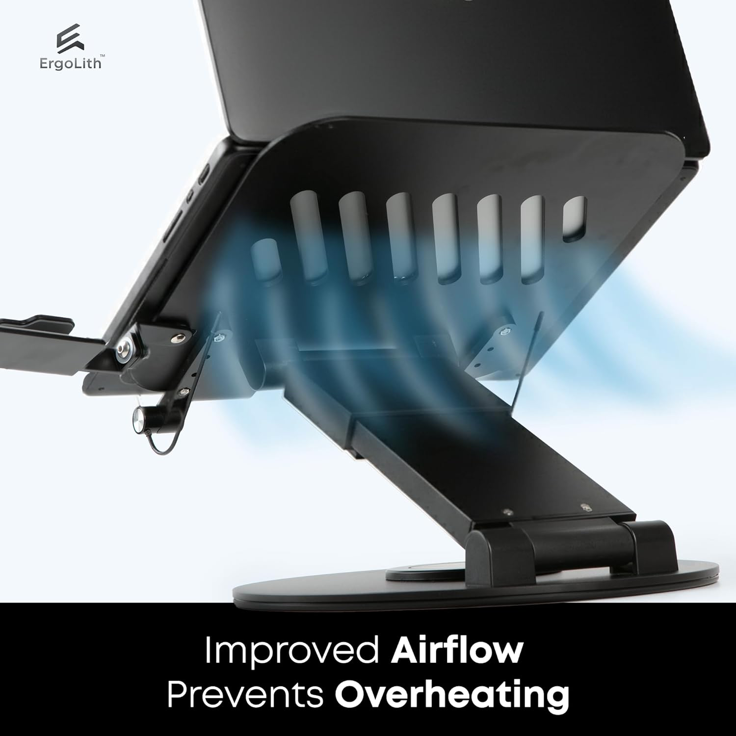 3-in-1 Adjustable Laptop Stand, Book Stand, & Phone Holder – Luxury 360° Rotating Display for All Laptops – 2–21″ Height for Ergonomics – Office Desk Accessories – Patented – Sky Black