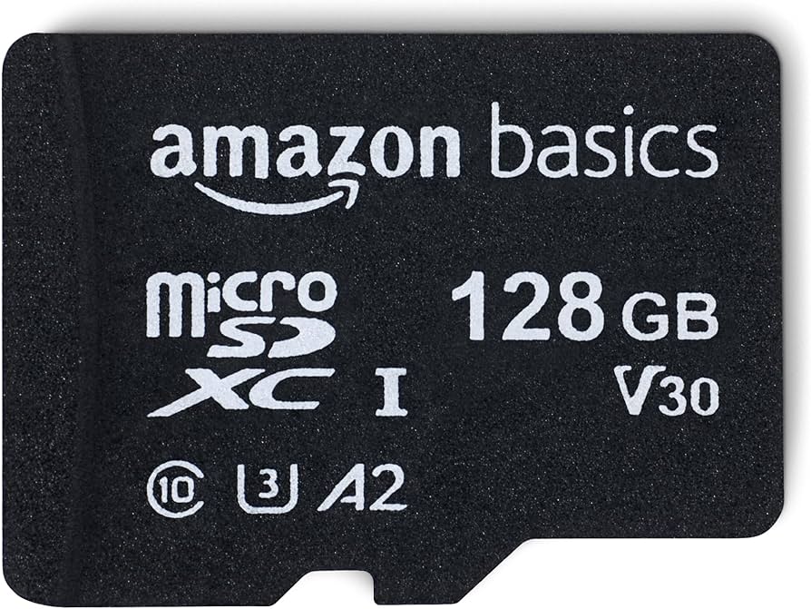 Amazon Basics Micro SDXC Memory Card with Full Size Adapter, A2, U3, Read Speed up to 100 MB/s, 128 GB, Black