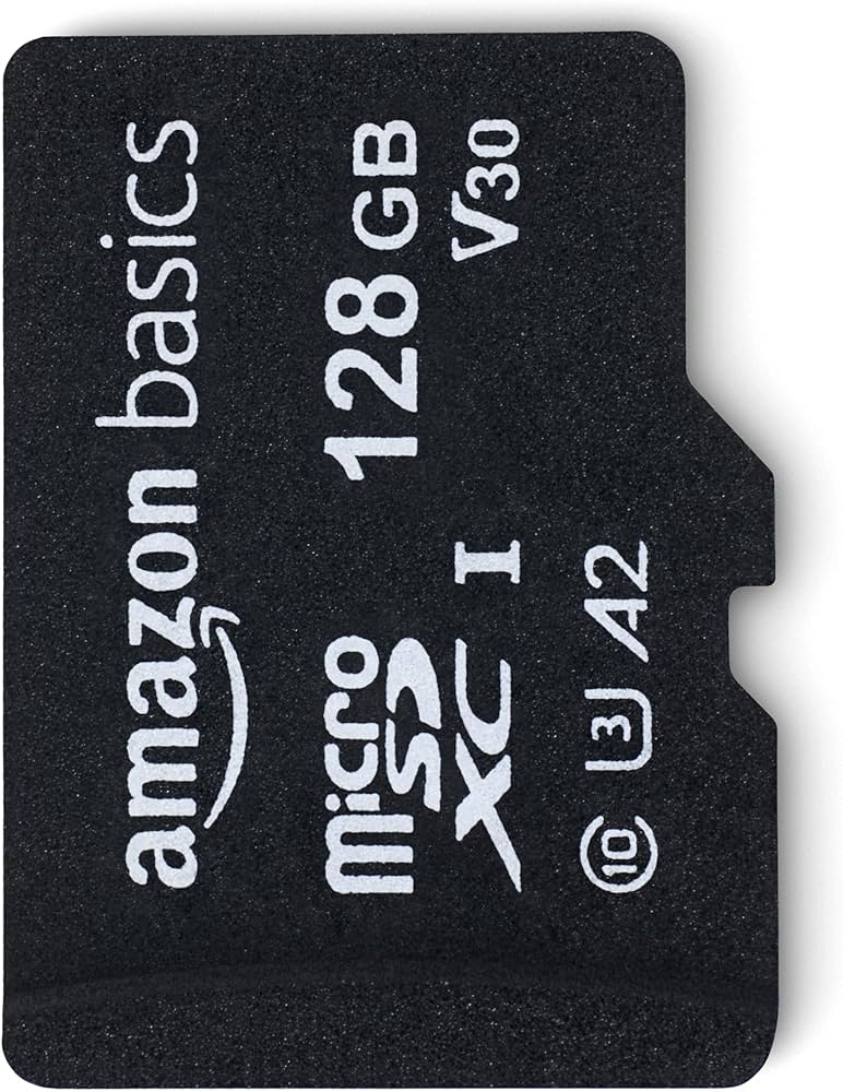 Amazon Basics Micro SDXC Memory Card with Full Size Adapter, A2, U3, Read Speed up to 100 MB/s, 128 GB, Black