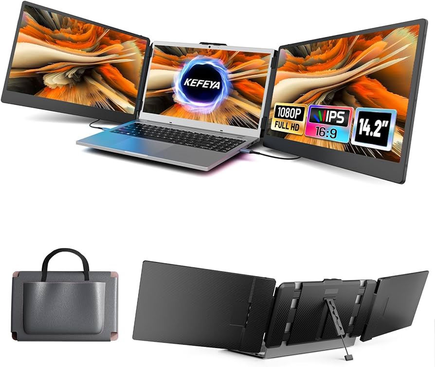 KEFEYA Laptop Screen Extender, 14.2″ Portable Triple Monitor for Laptop with Full HD IPS Display, Monitor Extender Compatible with Mac, Windows, Chrome, Fits 13-17 Inch Laptops
