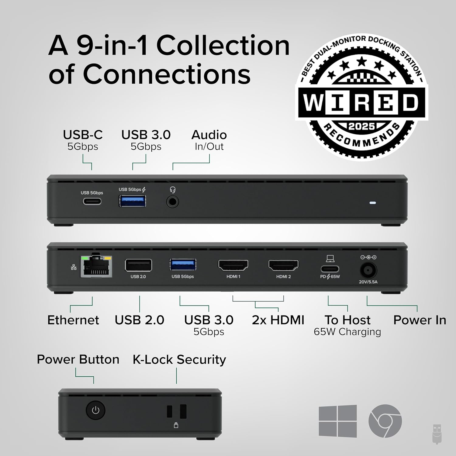 Plugable USB-C Docking Station Dual 4K 60Hz HDMI, 65W Charging, Gigabit Ethernet, 1x USB-C 5Gbps, 3X USB-A, Audio, Windows/ChromeOS, USB-C/USB4/Thunderbolt, Driverless (UD-MSTH2)