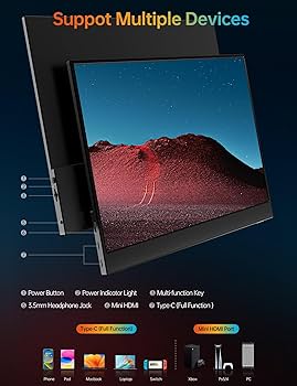 VILVA Portable-Monitor-for-Laptop – 15.6” 1080P FHD IPS Display USB-C HDMI Portable Monitor for Laptop with Cover and Speakers External Monitor for Laptop/PC/Mac/Phone/Xbox Switch/PS4/