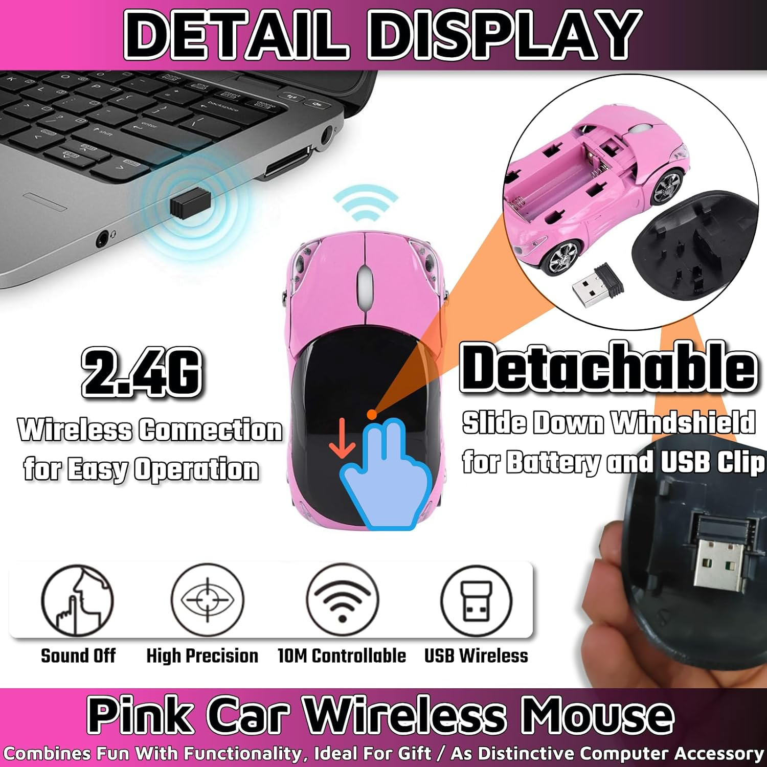 Pink Wireless Car Mouse – 2.4G Wireless with USB Receiver, Optical Mouse for PC, Laptop, Tablet – Win XP/Vista/7/ME/2000/Mac OS Pink Mouse for Her for Christmas