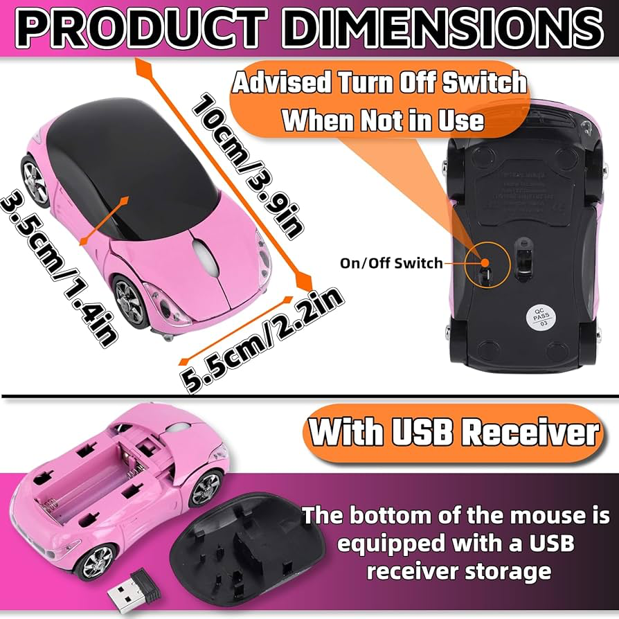 Pink Wireless Car Mouse – 2.4G Wireless with USB Receiver, Optical Mouse for PC, Laptop, Tablet – Win XP/Vista/7/ME/2000/Mac OS Pink Mouse for Her for Christmas