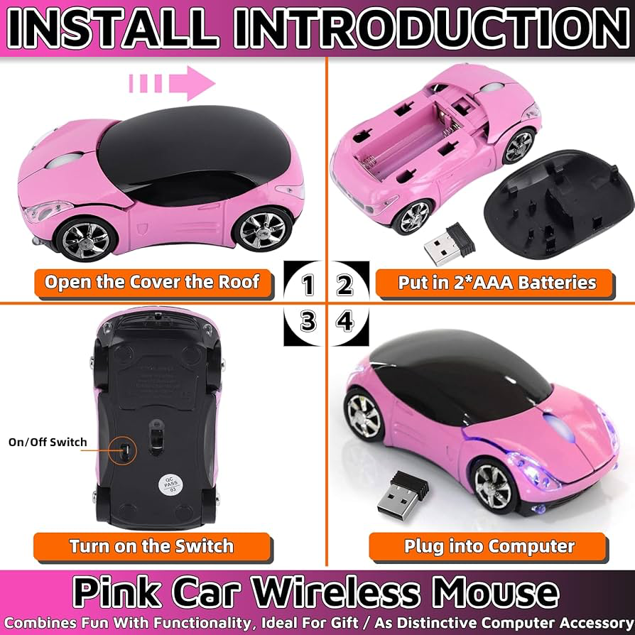 Pink Wireless Car Mouse – 2.4G Wireless with USB Receiver, Optical Mouse for PC, Laptop, Tablet – Win XP/Vista/7/ME/2000/Mac OS Pink Mouse for Her for Christmas