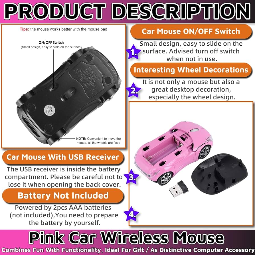 Pink Wireless Car Mouse – 2.4G Wireless with USB Receiver, Optical Mouse for PC, Laptop, Tablet – Win XP/Vista/7/ME/2000/Mac OS Pink Mouse for Her for Christmas