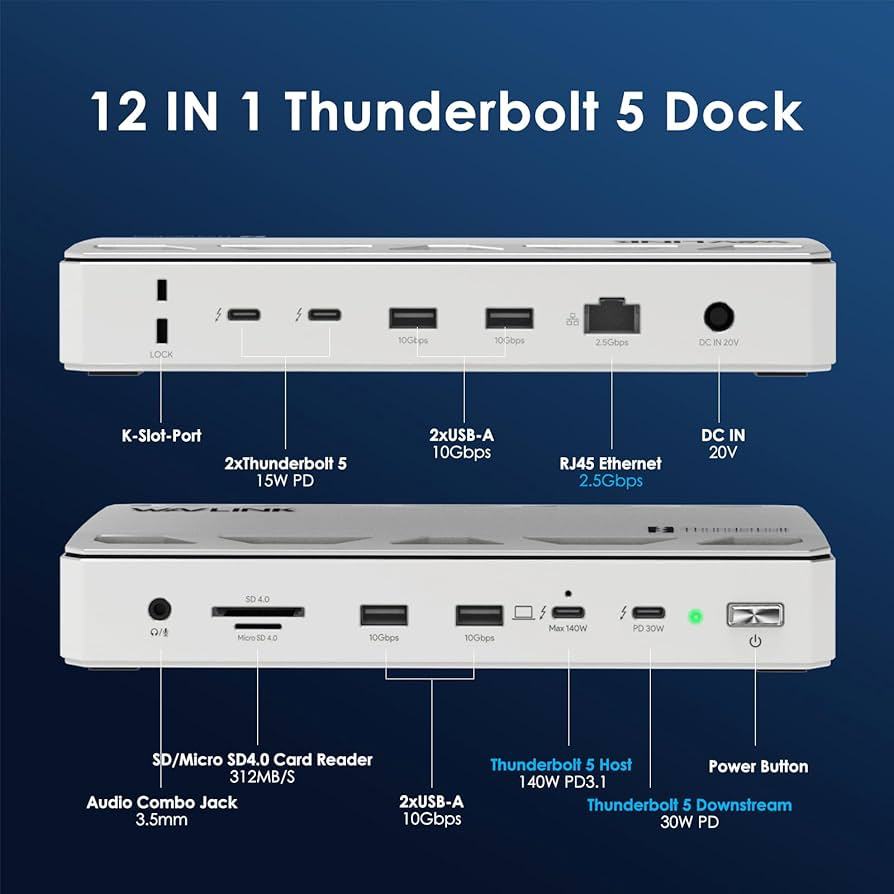 WAVLINK Intel Certified Thunderbolt 5 Dock, 12-in-1 TB5 Docking Station with 120Gbps Max Transfer, 140W PD, 2.5G Ethernet, 4X USB-A 3.2 Gen 2, SD4.0, for Windows 11/Mac OS 14.6 or Later TB5/4 Laptops