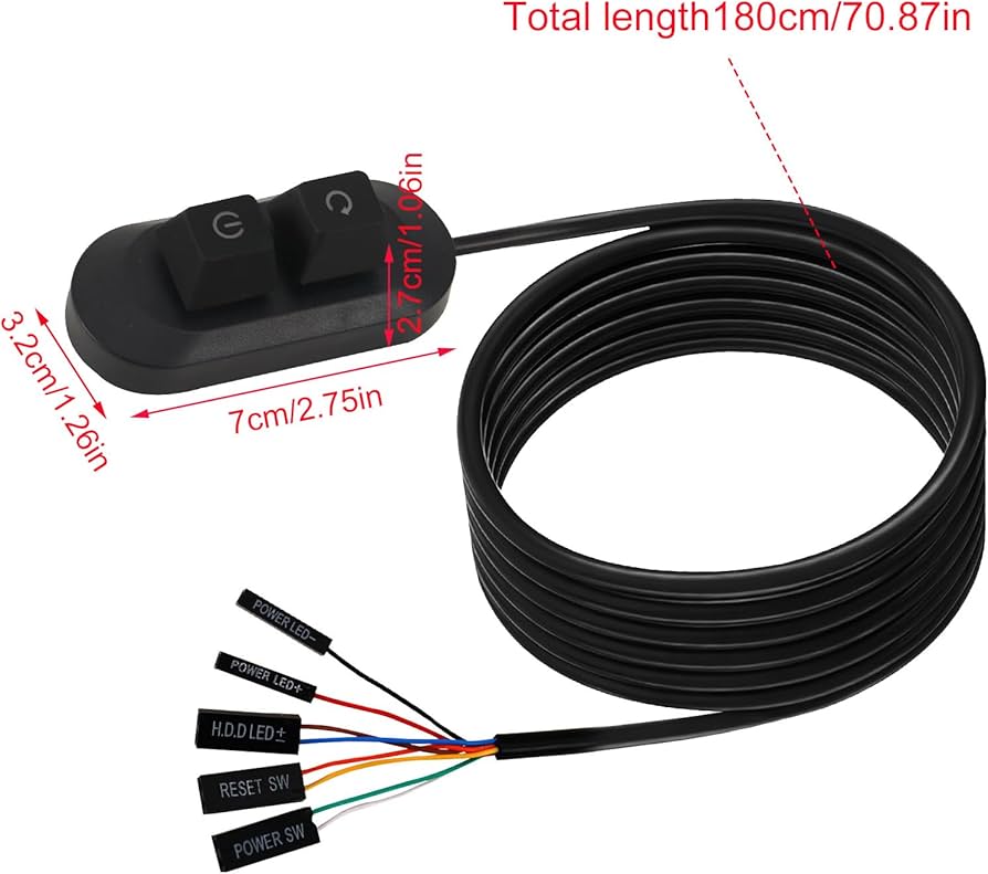 PC Power Button with 1.8m/5.9ft Cable, Black Desktop Computer External Supply Switch PC Power Button Splitter (Adapter Connector Not Included) for Computer Motherboard