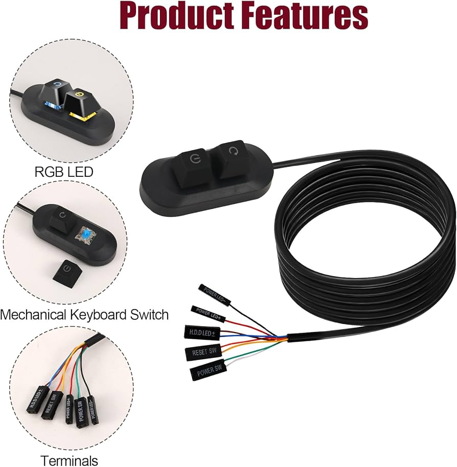 PC Power Button with 1.8m/5.9ft Cable, Black Desktop Computer External Supply Switch PC Power Button Splitter (Adapter Connector Not Included) for Computer Motherboard