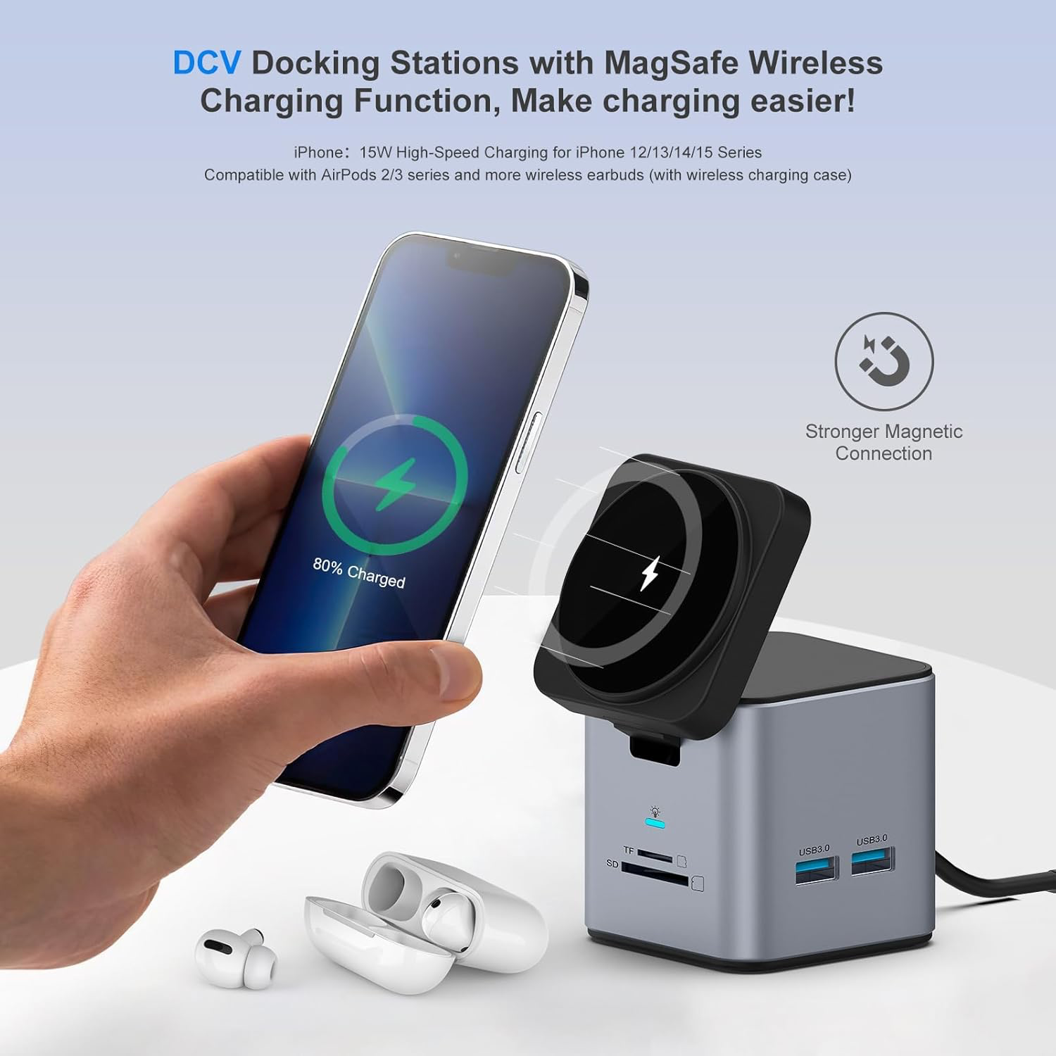 USB C Laptop Docking Station with MagSafe Charger Stand, 9 in 1 USB C Hub Multiport Adapter with 4K HDMI, 1Gbps Ethernet, 3 USB 3.0, SD/TF, Compatible with MacBook/Dell/HP/Lenovo/iPhone (Silver Gray)