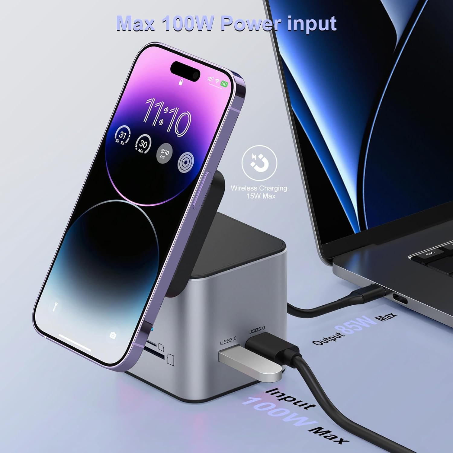 USB C Laptop Docking Station with MagSafe Charger Stand, 9 in 1 USB C Hub Multiport Adapter with 4K HDMI, 1Gbps Ethernet, 3 USB 3.0, SD/TF, Compatible with MacBook/Dell/HP/Lenovo/iPhone (Silver Gray)