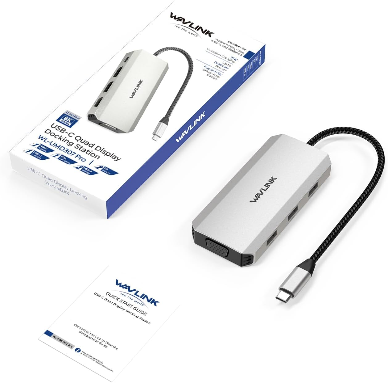 Laptop Docking Station, WAVLINK Quad Monitor Docking Station with Dual DP, HDMI, VGA, 100W PD in, 3* USB-A2.0 for Wireless Device, Compatible with Dell/HP/Lenovo etc, Windows Systerm Computer Only