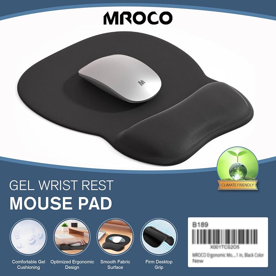 MROCO Ergonomic Mouse Pad with Gel Wrist Rest, Smooth Wrist Support Surface, Non-Slip PU Base for Pain Relief, Comfortable Mousepad for Computer, Laptop, Office & Home, 9.4 x 8.1 in, Black