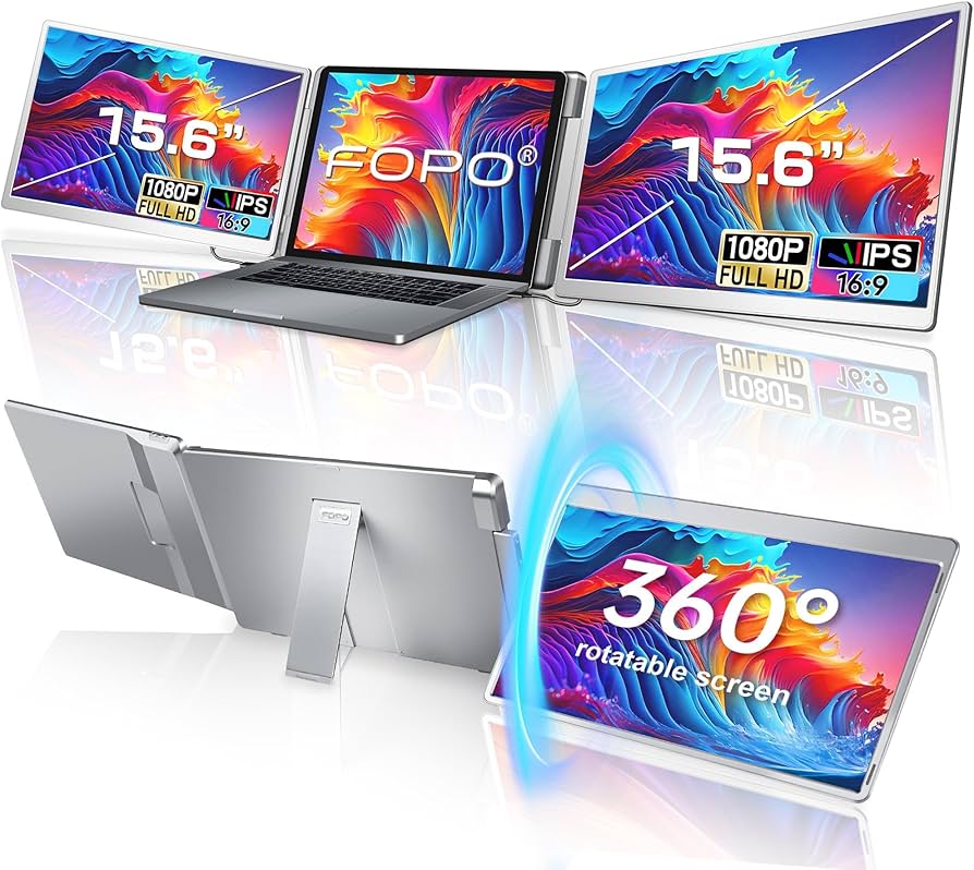 FOPO 15.6 Triple Laptop Screen Extender, Left Screen 360° Rotation Laptop Monitor Extender, Plug and Play Triplp Monitor for 13-17″ Laptops with USB-C/HDMI, for Windows/Mac(M1/M2/M3) Pro/Max – S10