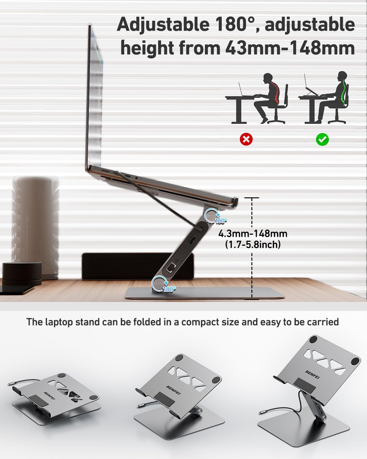 BENFEI Laptop Stand with USB C 6in1 Docking Station, HDMI 4K@60Hz,Gigabit Ethernet, 100W Power Delivery, 10Gbps 1*USB C 3.2 and 2*USB A 3.2 Compatible with MacBook Pro/Air, iPad Pro, XPS, Thinkpad