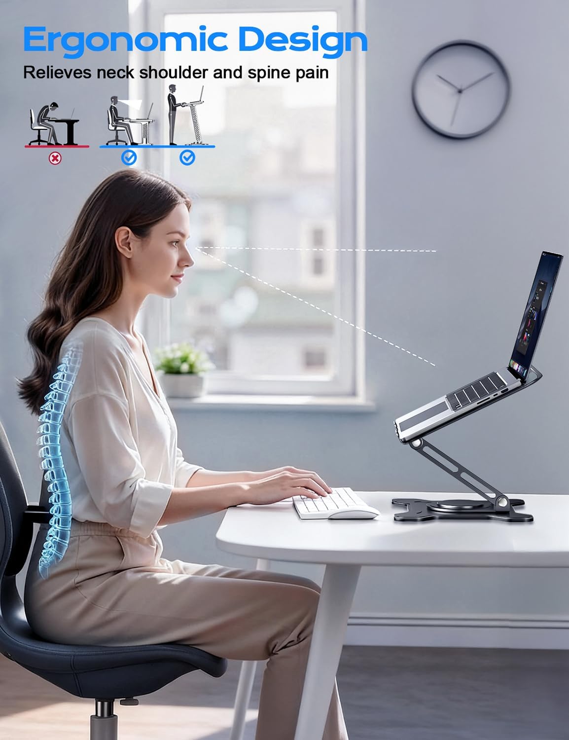 Adjustable Laptop Stand for Desk, 360° Rotating Base Ergonomic Computer Stand, Laptop Riser Foldable Protable for Office Home Fits Compatible with MacBook Pro/Air Notebook up to 10-16″ Black