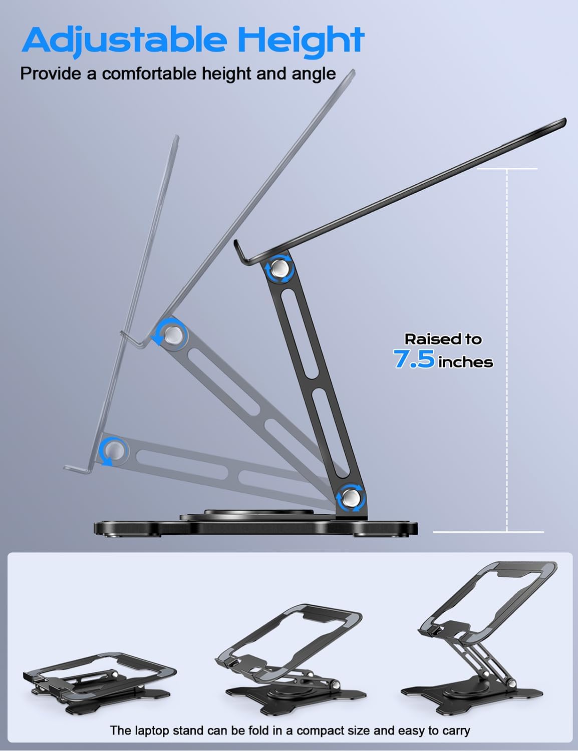 Adjustable Laptop Stand for Desk, 360° Rotating Base Ergonomic Computer Stand, Laptop Riser Foldable Protable for Office Home Fits Compatible with MacBook Pro/Air Notebook up to 10-16″ Black