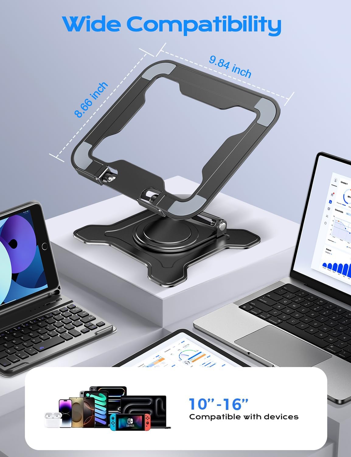 Adjustable Laptop Stand for Desk, 360° Rotating Base Ergonomic Computer Stand, Laptop Riser Foldable Protable for Office Home Fits Compatible with MacBook Pro/Air Notebook up to 10-16″ Black