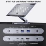 Adjustable Laptop Stand with 6-in-1 USB C Docking Station, 360° Rotation, 4K HDMI, USB3.0, PD100W, Compatible with MacBook Pro Air, Dell XPS, HP 10-16” – Gray