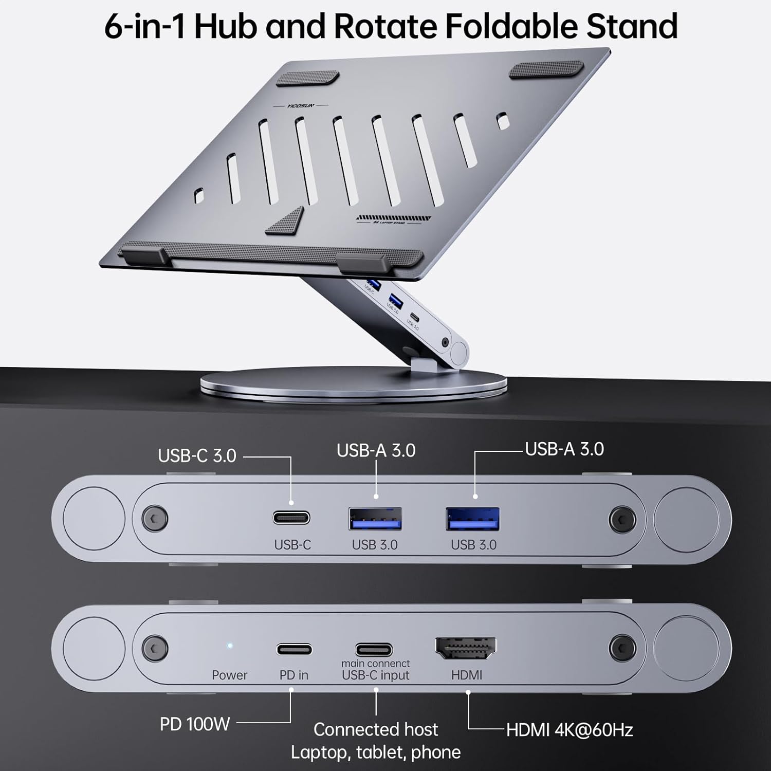 Adjustable Laptop Stand with 6-in-1 USB C Docking Station, 360° Rotation, 4K HDMI, USB3.0, PD100W, Compatible with MacBook Pro Air, Dell XPS, HP 10-16” – Gray