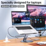 Adjustable Laptop Stand with 6-in-1 USB C Docking Station, 360° Rotation, 4K HDMI, USB3.0, PD100W, Compatible with MacBook Pro Air, Dell XPS, HP 10-16” – Gray