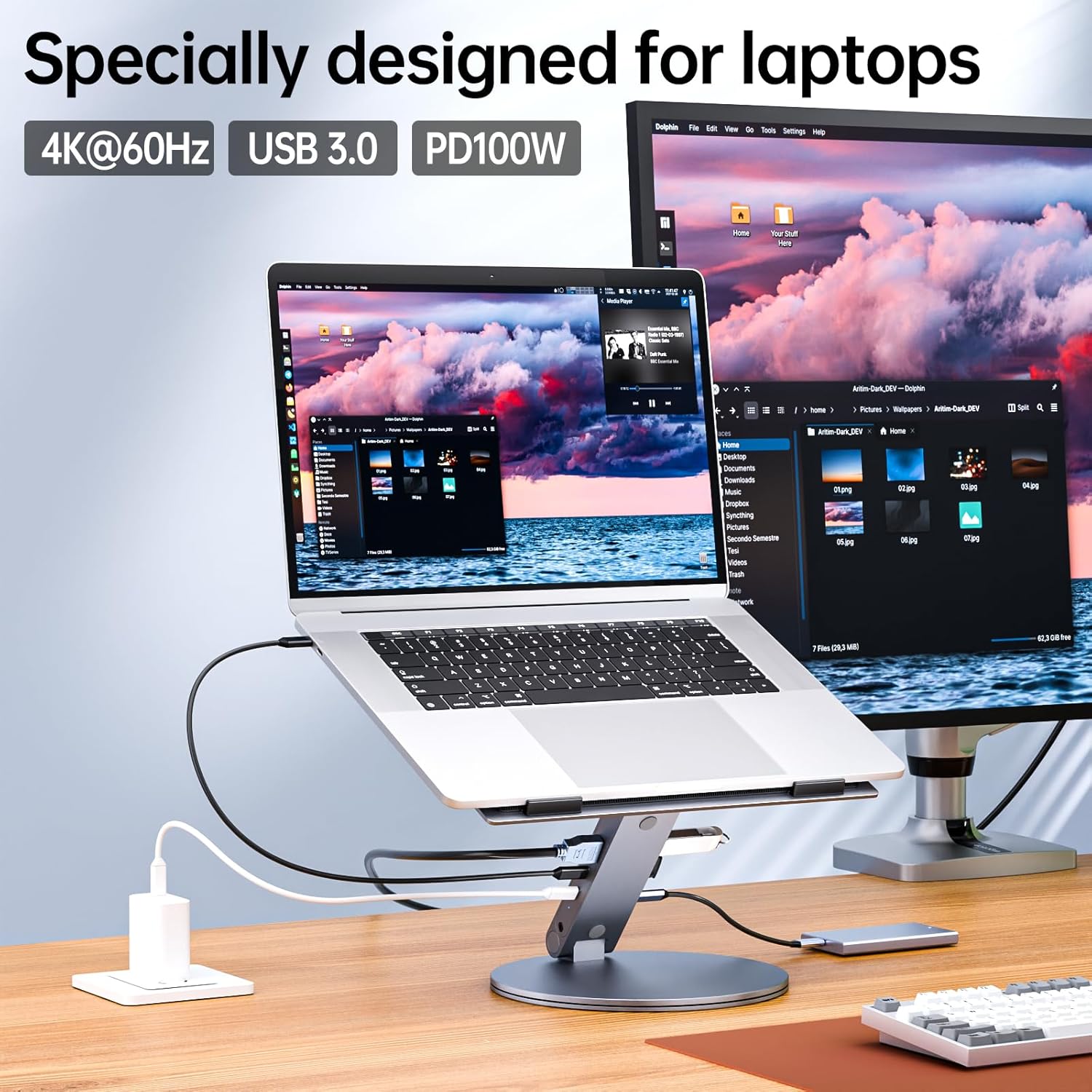 Adjustable Laptop Stand with 6-in-1 USB C Docking Station, 360° Rotation, 4K HDMI, USB3.0, PD100W, Compatible with MacBook Pro Air, Dell XPS, HP 10-16” – Gray