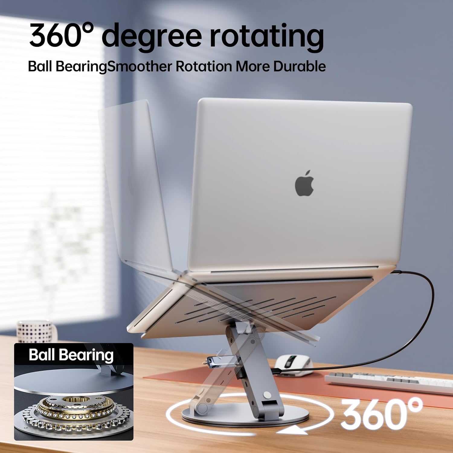 Adjustable Laptop Stand with 6-in-1 USB C Docking Station, 360° Rotation, 4K HDMI, USB3.0, PD100W, Compatible with MacBook Pro Air, Dell XPS, HP 10-16” – Gray