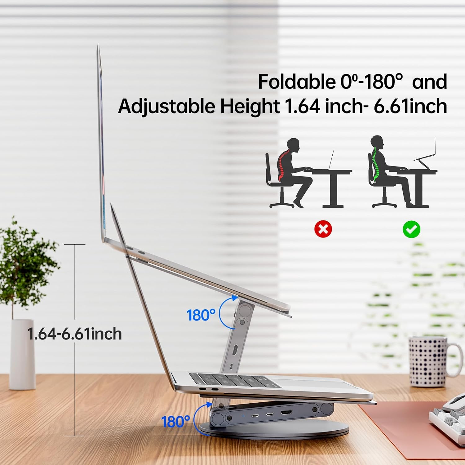 Adjustable Laptop Stand with 6-in-1 USB C Docking Station, 360° Rotation, 4K HDMI, USB3.0, PD100W, Compatible with MacBook Pro Air, Dell XPS, HP 10-16” – Gray