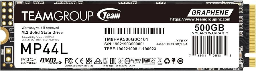 TEAMGROUP MP44L 500GB SLC Cache NVMe 1.4 PCIe Gen 4×4 M.2 2280 Laptop&Desktop SSD (R/W Speed up to 5000/2500MB/s) TM8FPK500G0C101